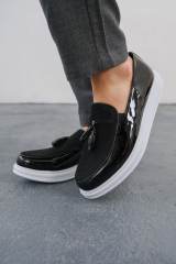 Marsetti Herren Schwarz Lackleder Textil Casual Dicke Sohle Schuhe 3
