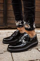 Marsetti Herren Schwarz Lackleder Dicke Sohle Casual Schnür Schuhe