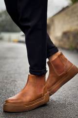 Marsetti Herren Cognac Chelsea Boots mit dicker Sohle und orthopädischer Einlage