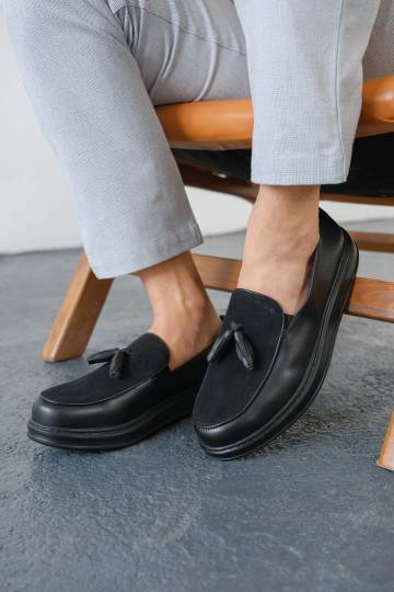 Marsetti Erkek Siyah Bağcıksız Günlük Kalın Taban Ortopedik Loafer Ayakkabı