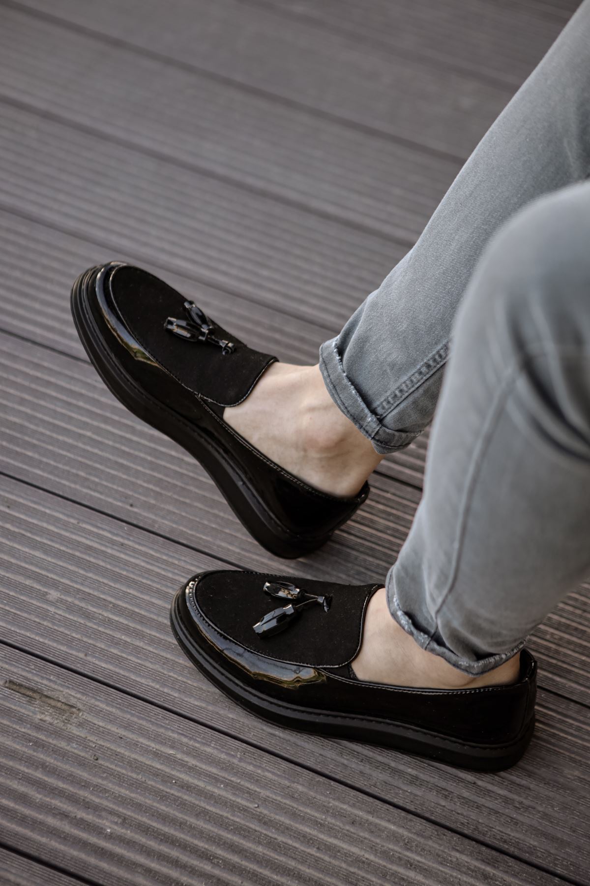 Marsetti Herren Schwarz Lackleder Textil Freizeitschuh Dicke Sohle Slip-On