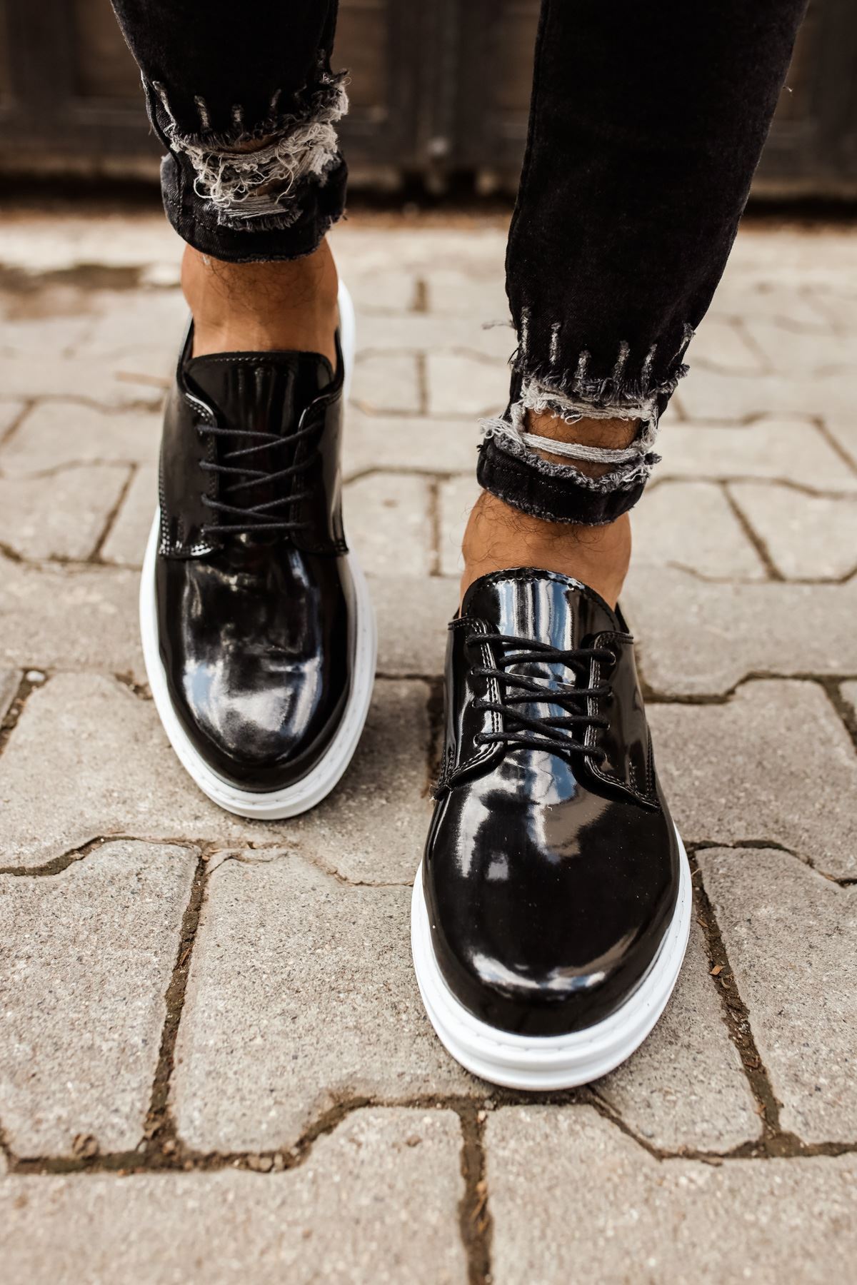 Marsetti Herren Schwarz Lackleder Casual Dicke Sohle Schnür Schuhe