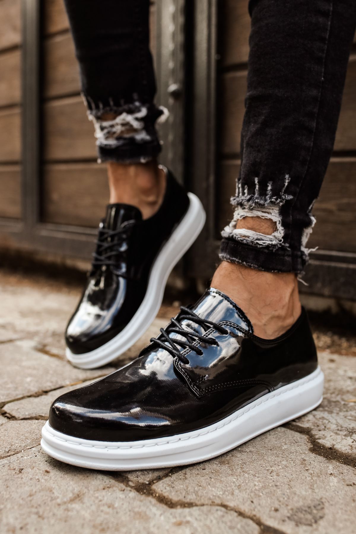 Marsetti Herren Schwarz Lackleder Casual Dicke Sohle Schnür Schuhe