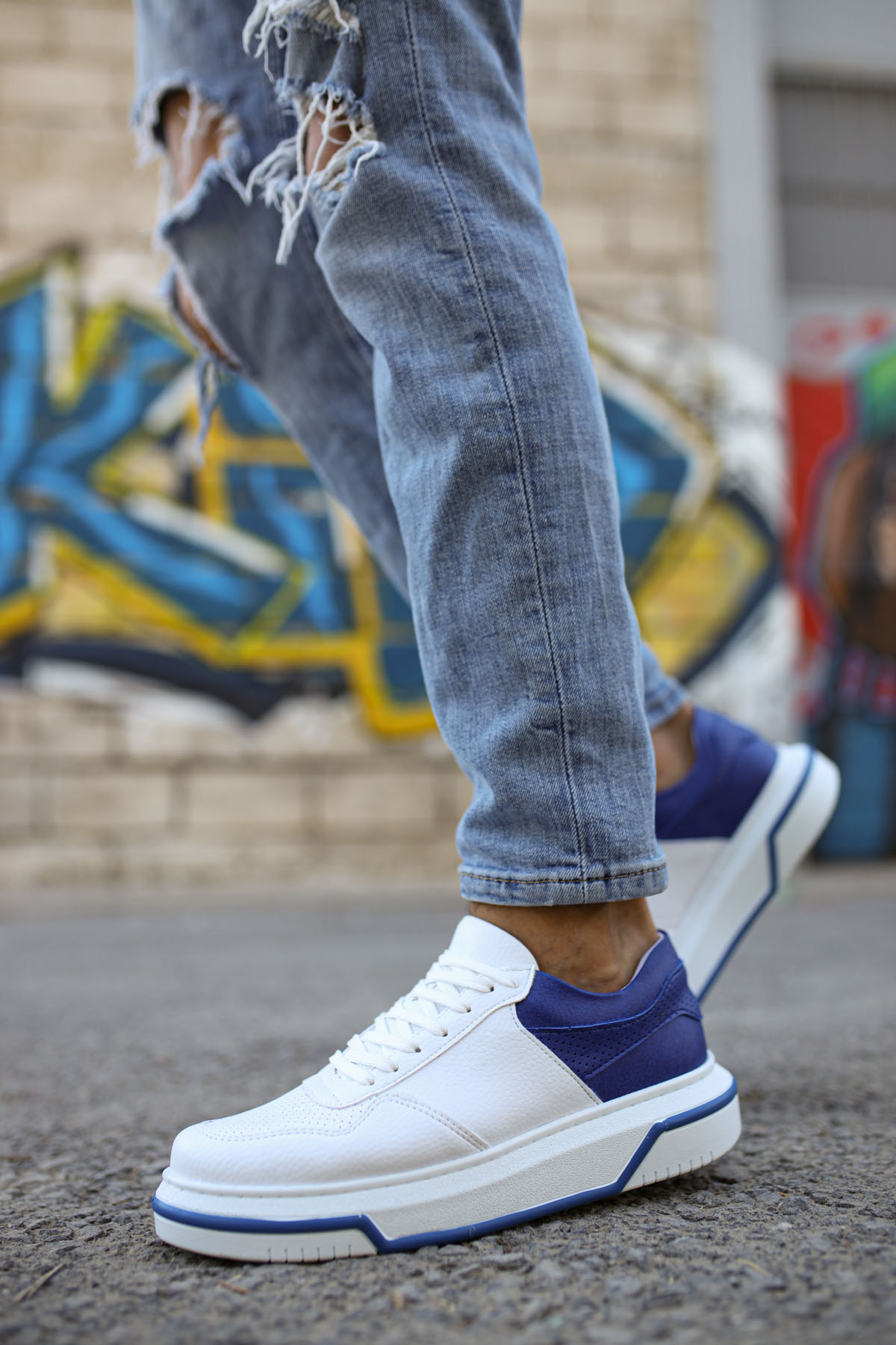 Marsetti Herren Weiß Navy Alltags Dicke Sohle Orthopädische Schnür Schuhe