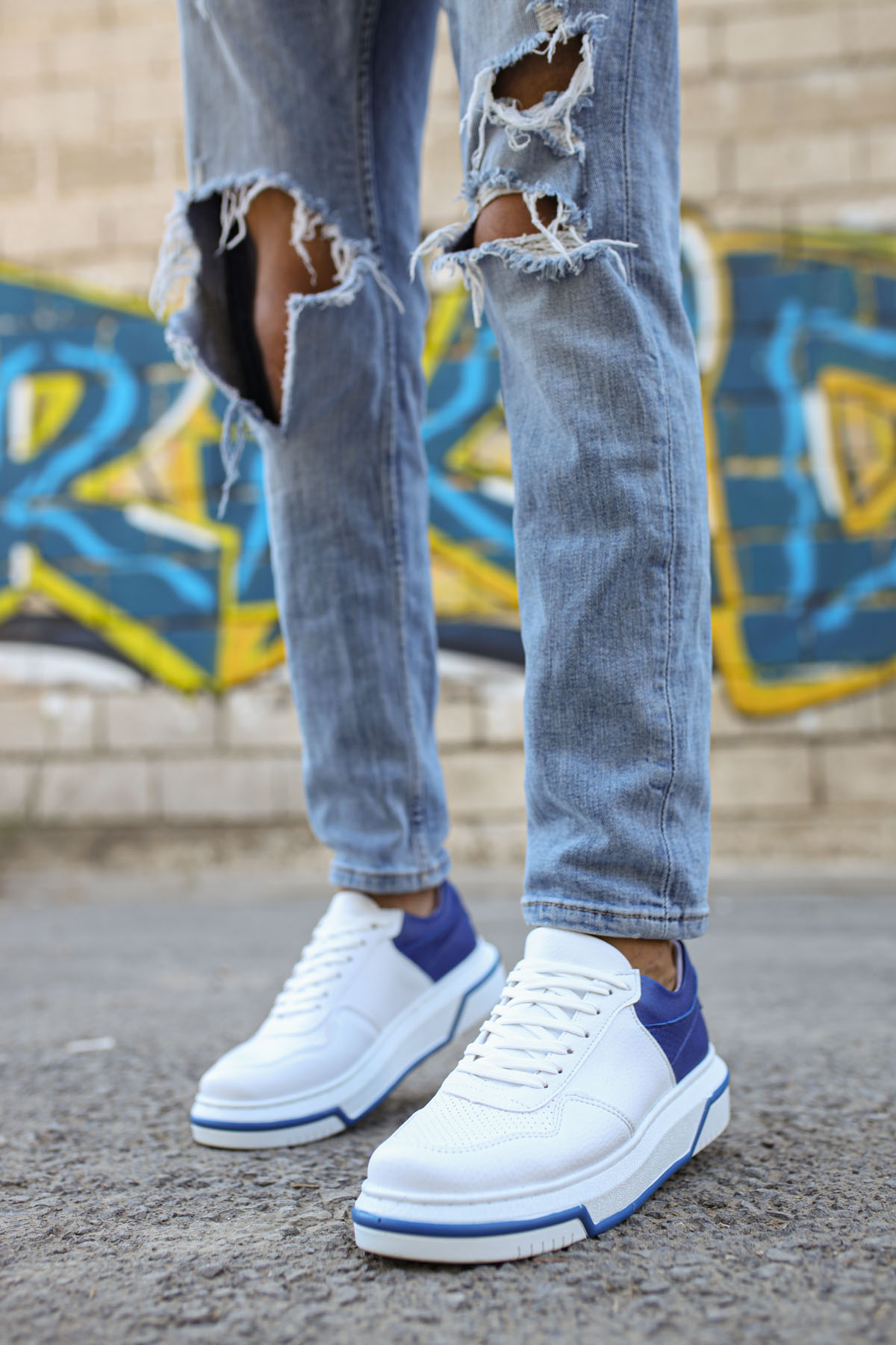 Marsetti Herren Weiß Navy Alltags Dicke Sohle Orthopädische Schnür Schuhe