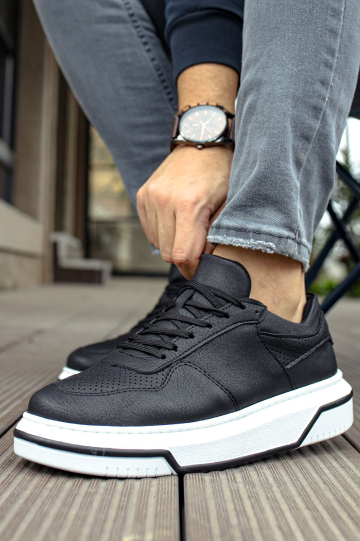 Marsetti Herren Schwarz Casual Dicke Sohle Orthopädisch Schnürschuhe
