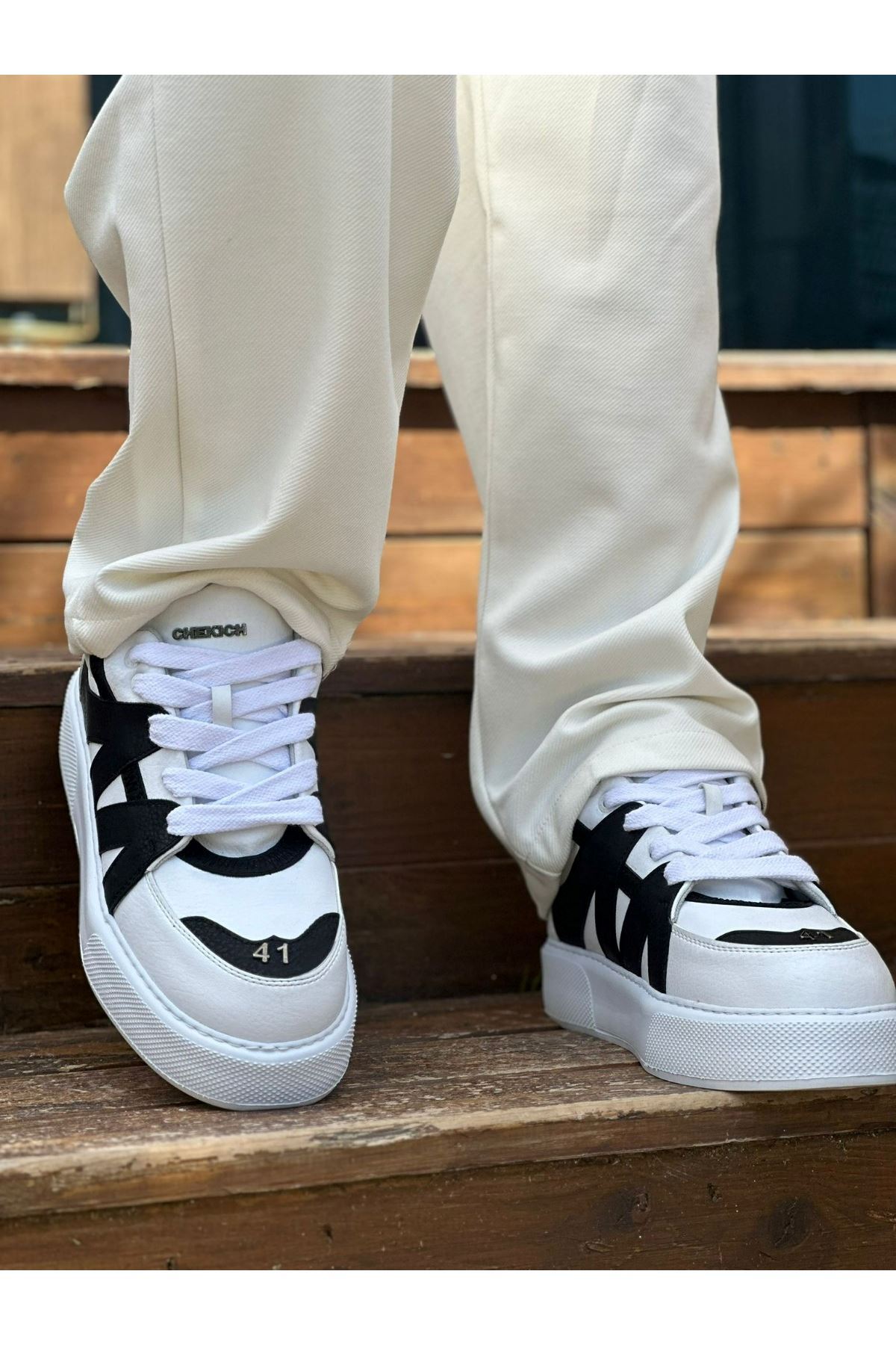 Marsetti Herren Schwarz Weiß Freizeitschuhe mit Dicker Sohle Schnürschuhe