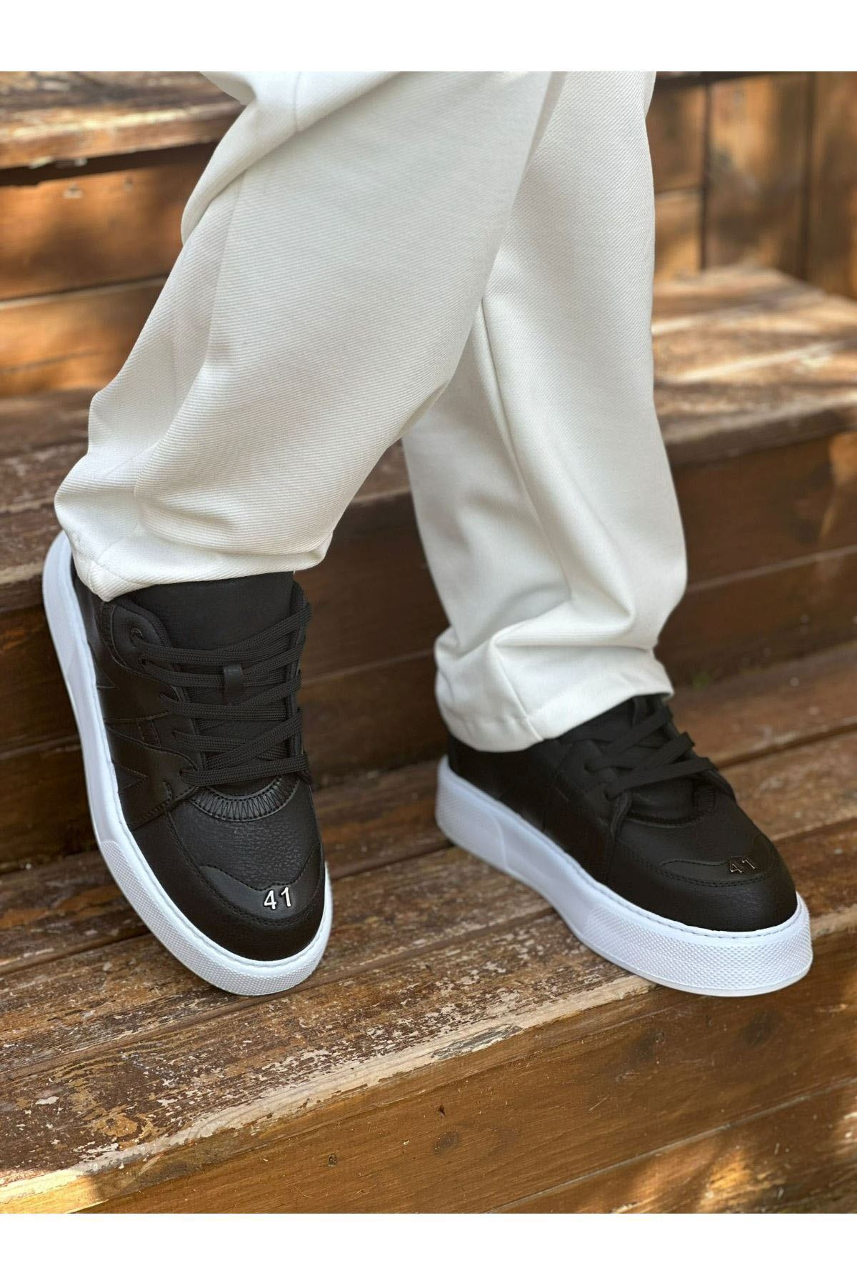 Marsetti Herren Schwarz Dicke Sohle Casual Schnür Orthopädisch Schuhe