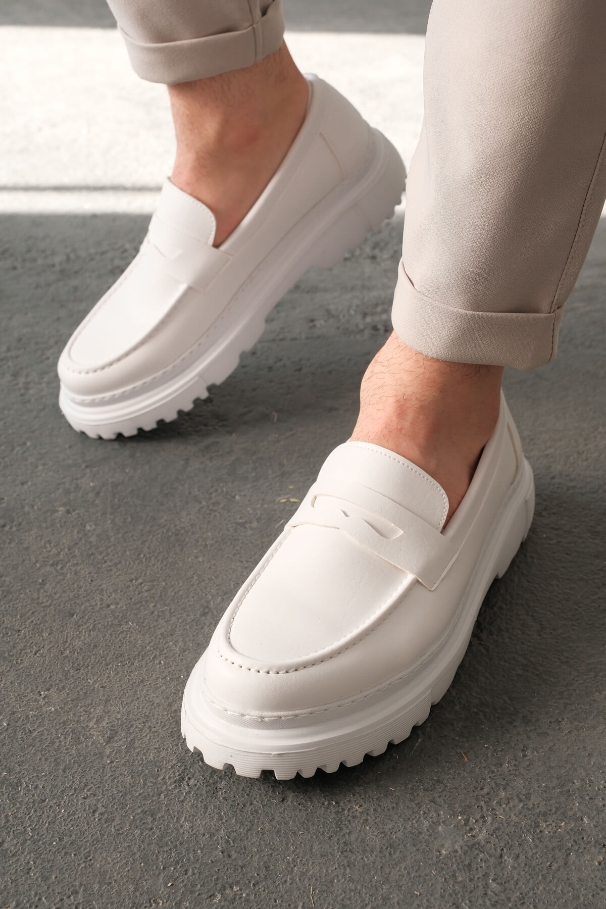 Marsetti Erkek Beyaz Bağcıksız Günlük Kalın Taban Loafer Ayakkabı