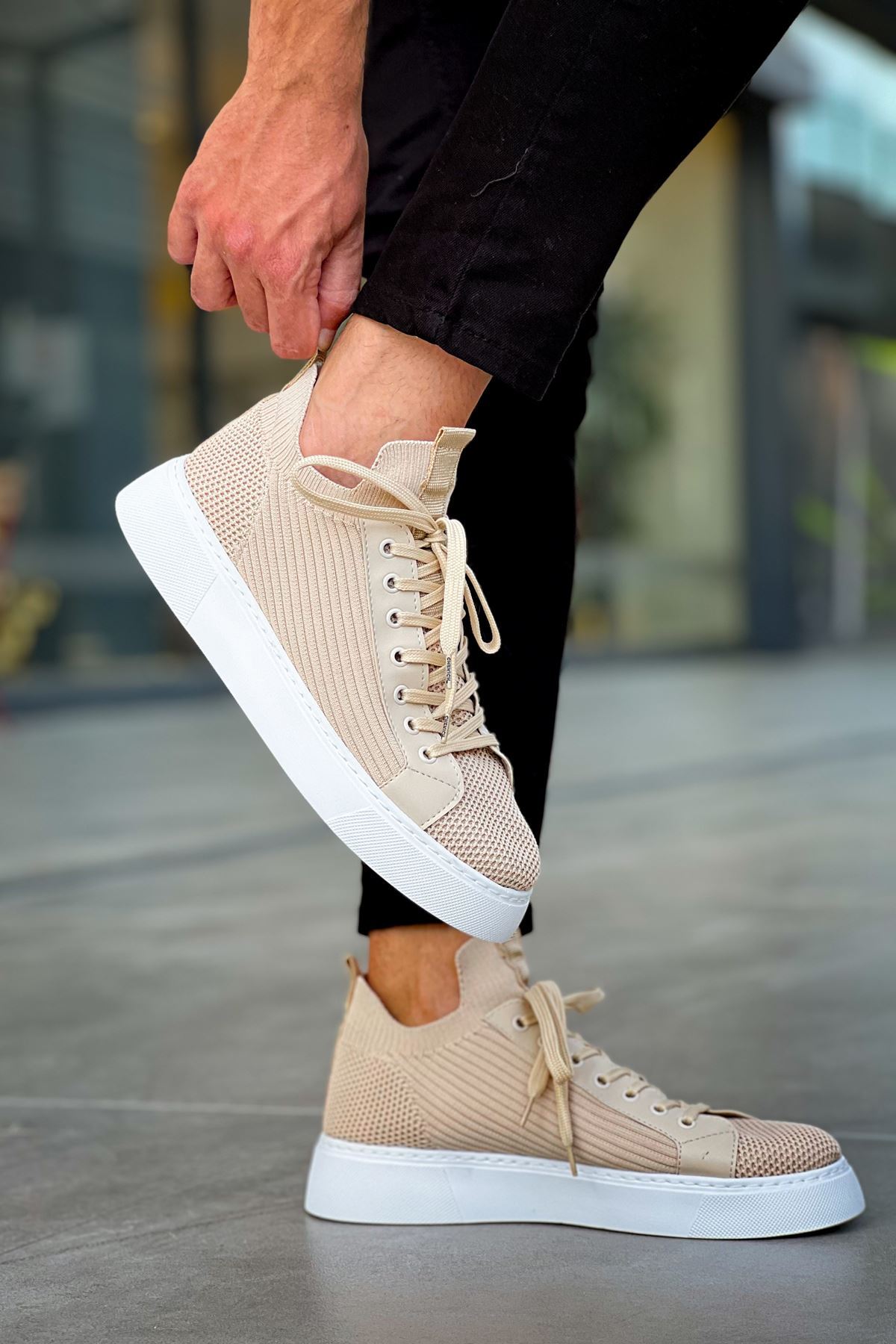 Marsetti Herren Beige Textil Casual Schnür Dicke Sohle Orthopädische Schuhe