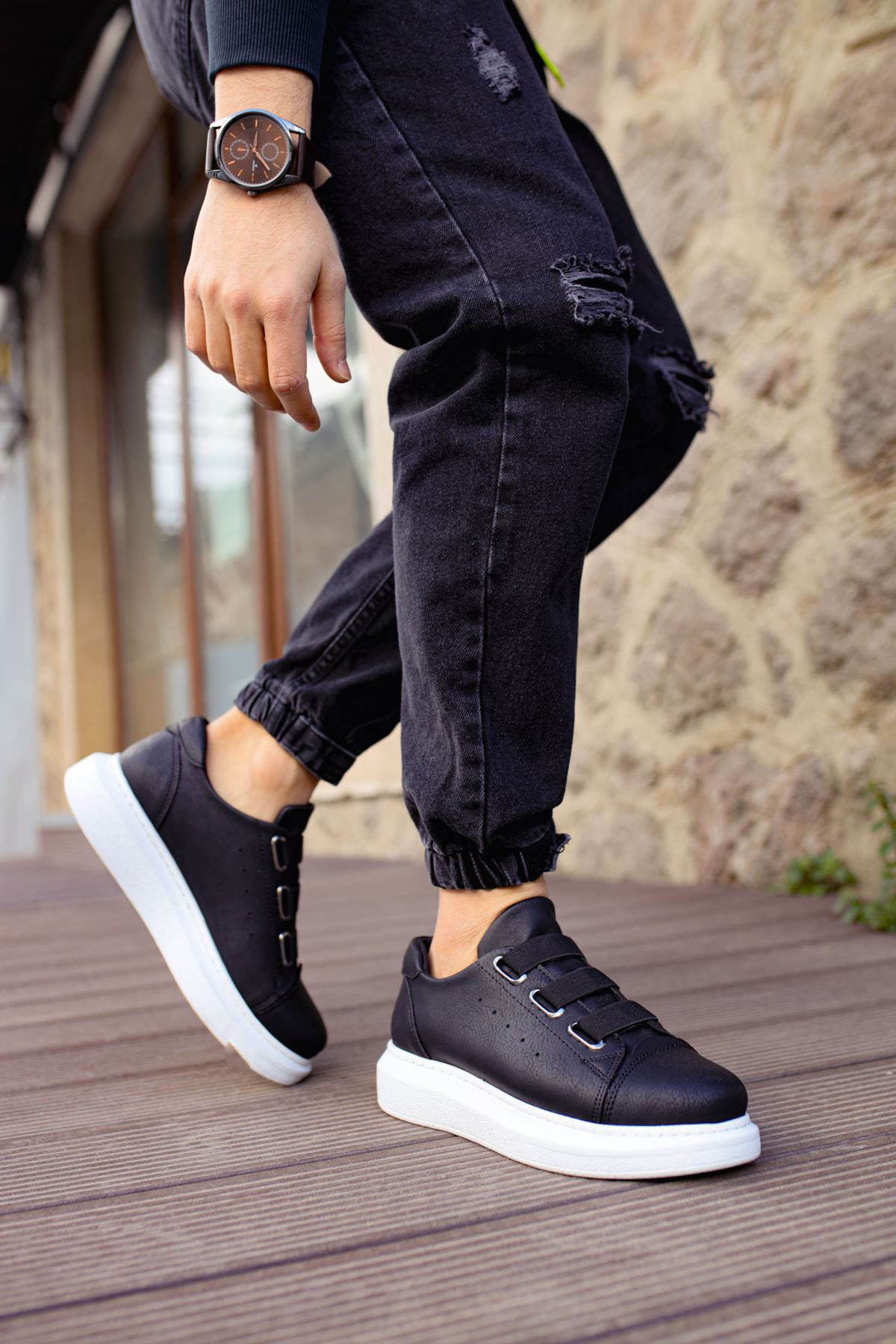 Marsetti Herren Schwarze Elastische Dicksohlige Alltags Orthopädische Schuhe
