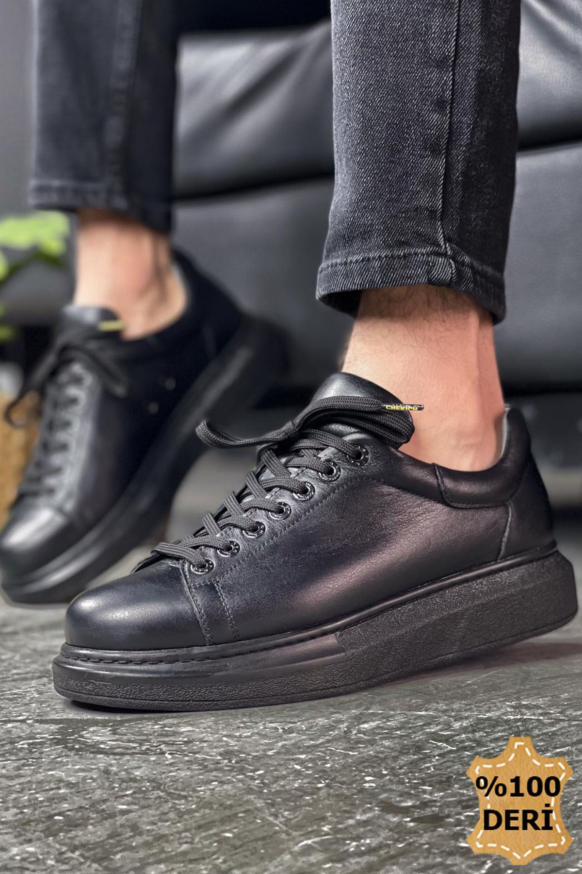 Marsetti Herren Schwarz Echtes Leder Dicke Sohle Schnür Orthopädische Schuhe
