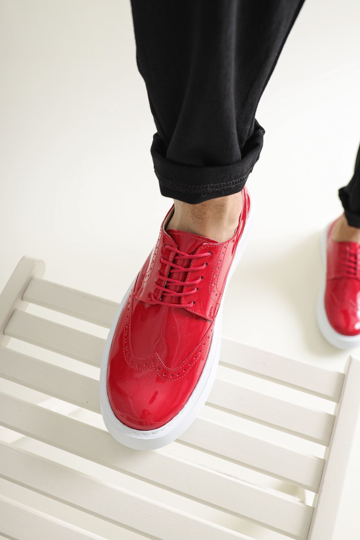 Marsetti Herren Rot Lackleder Casual Dicke Sohle Schnür Schuhe