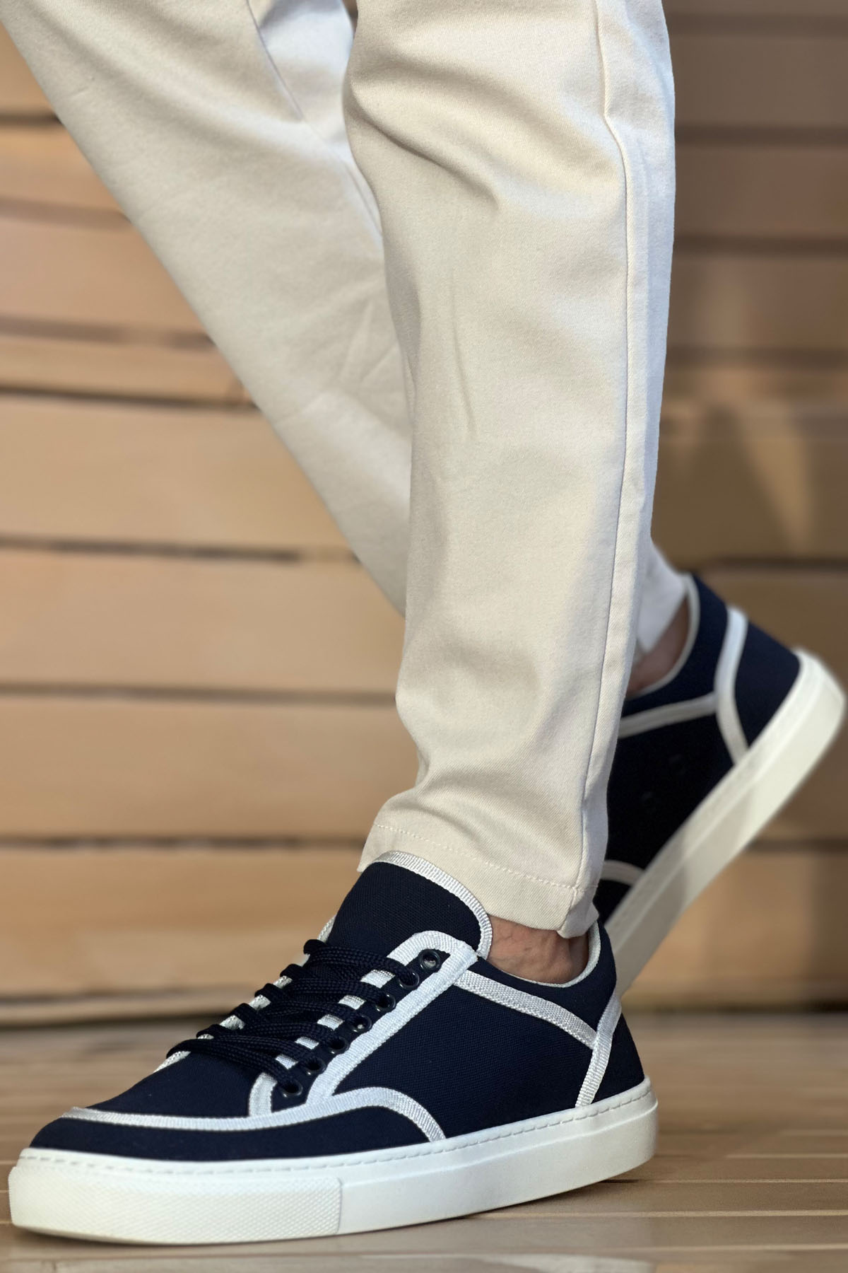 Marsetti Herren Weiß Navy Textil Freizeit Dicke Sohle Schuhe