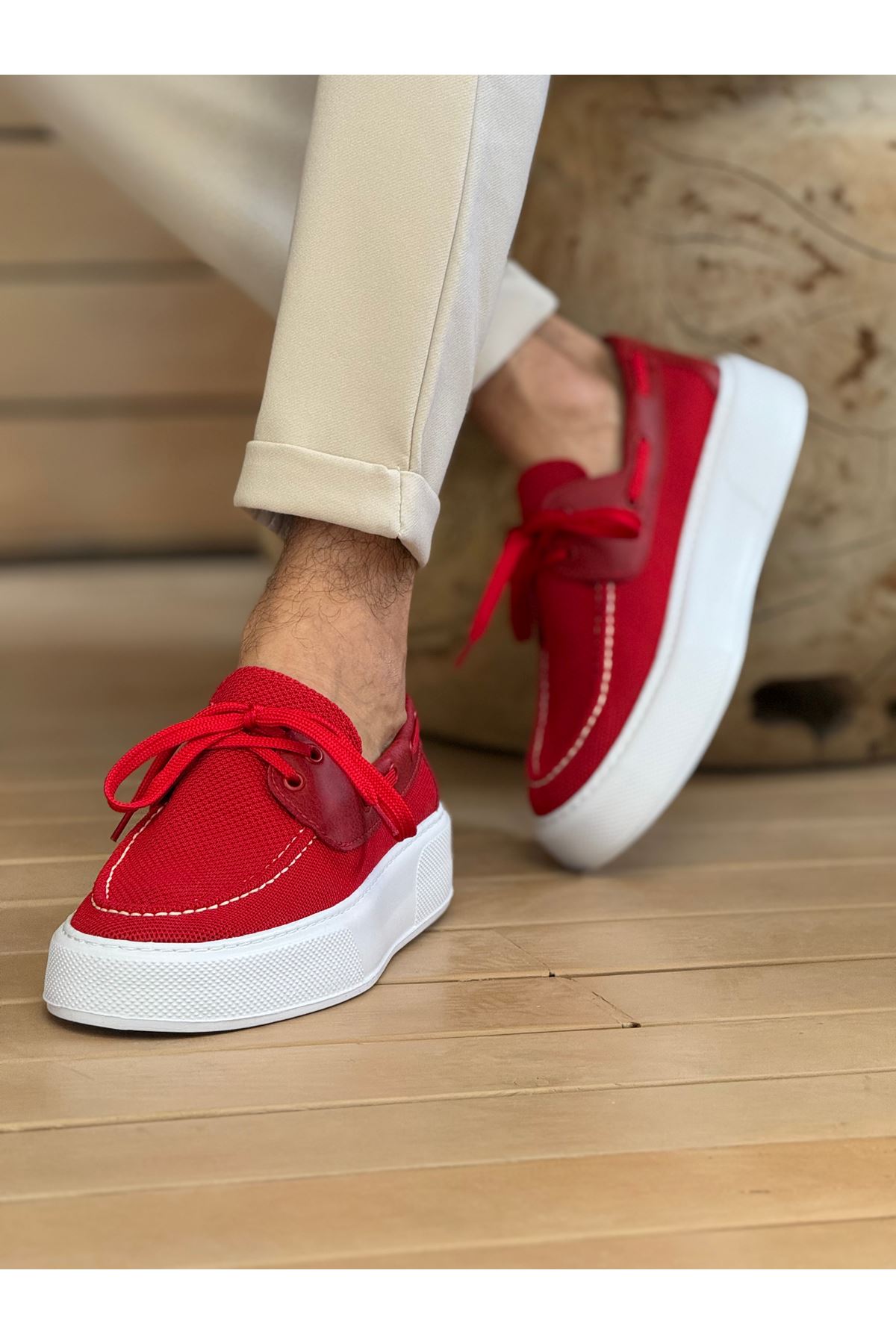 Marsetti Herren Rot Textil Schnür Dicke Sohle Freizeitschuhe