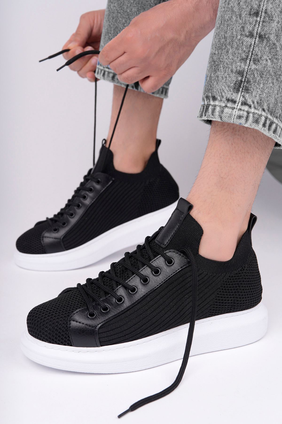 Marsetti Herren Schwarz Casual Dicke Sohle Orthopädisch Schnür Sneaker
